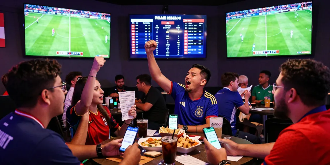 Excited fans enjoying link bola betting at Piala Dunia 2026, surrounded by screens and lively atmosphere.