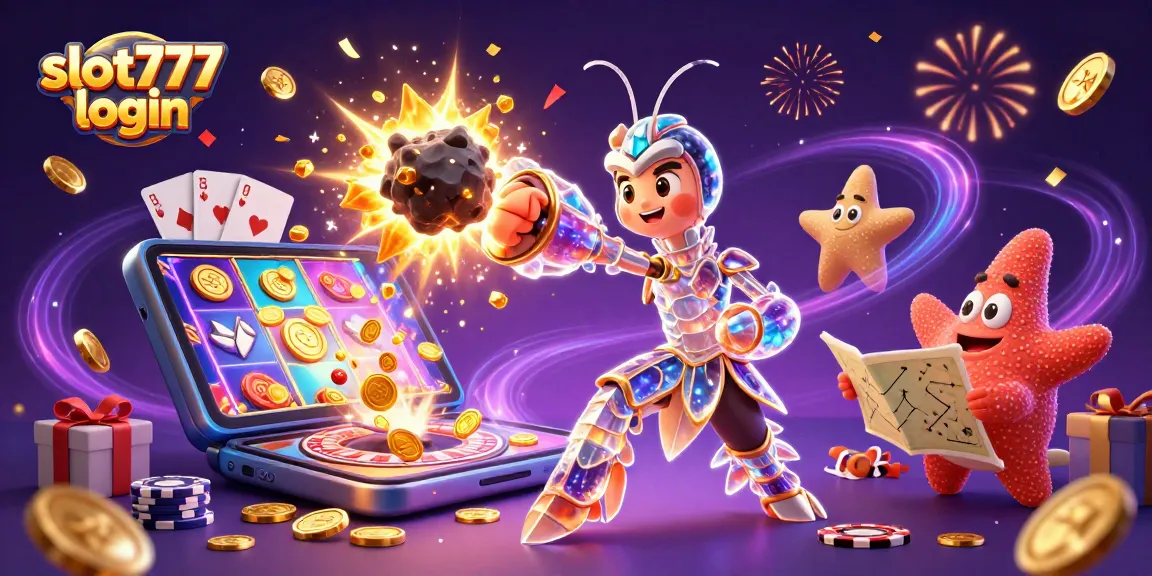 Spin and win with slot777 login in an exciting cosmic casino showdown full of gold coins and vibrant games.