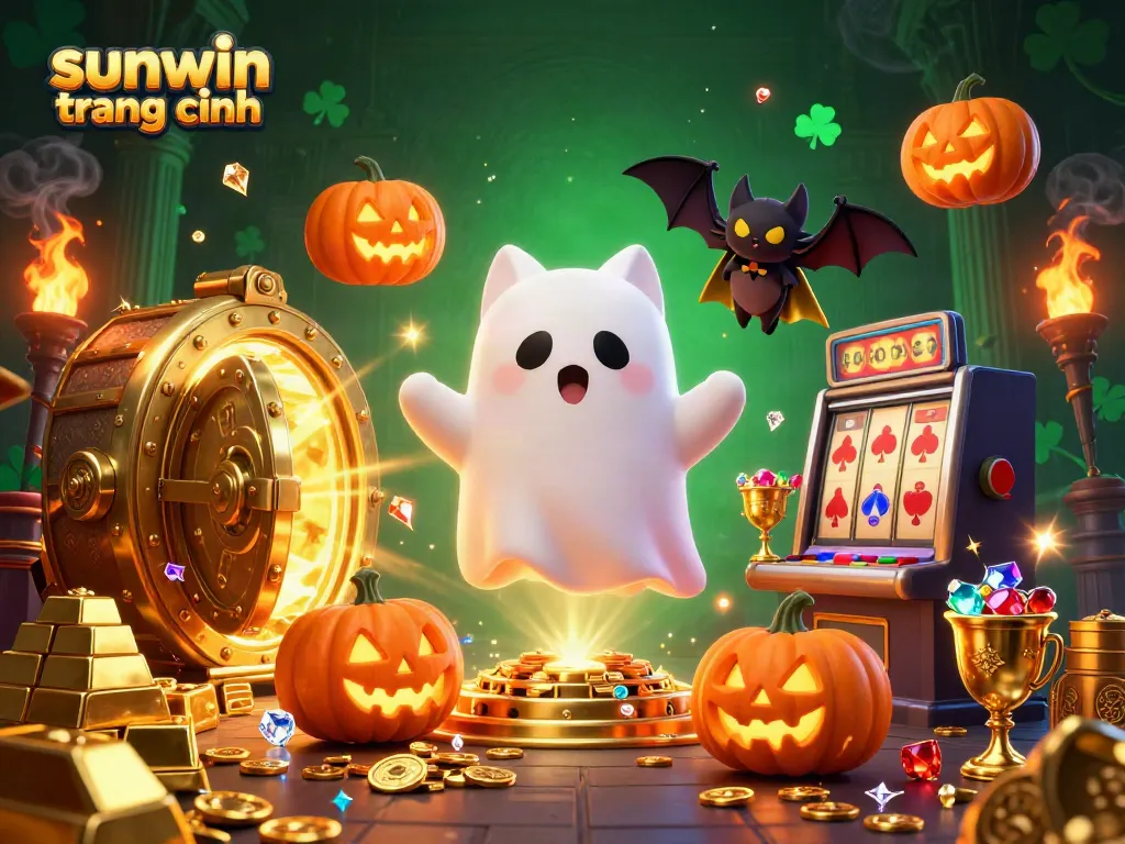 Engage with sunwin trang chính while exploring a vibrant haunted casino scene with glowing treasures and ghostly fun.