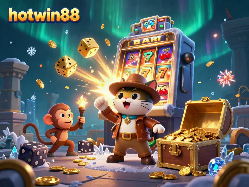 Experience the thrill of hotwin88 with a 3D scene of an adventurous cat and its monkey companion in a vibrant casino setting.