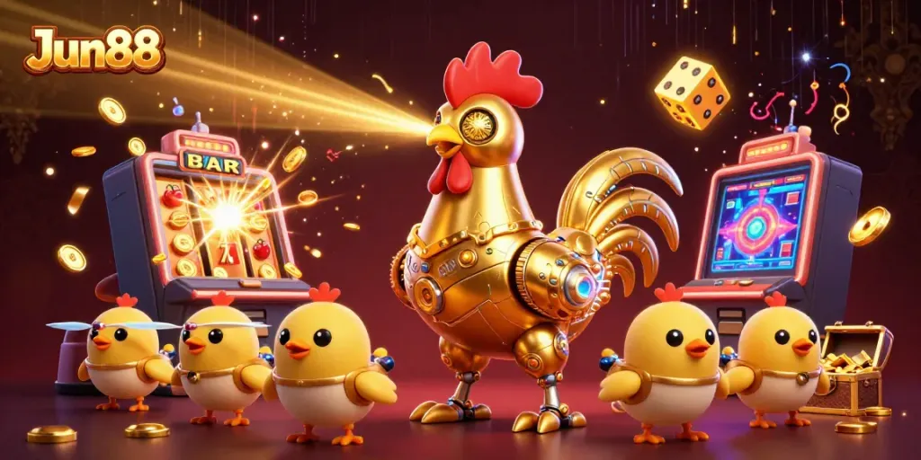 Join Jun88's vibrant gaming adventure with a golden rooster robot and energetic scenes.