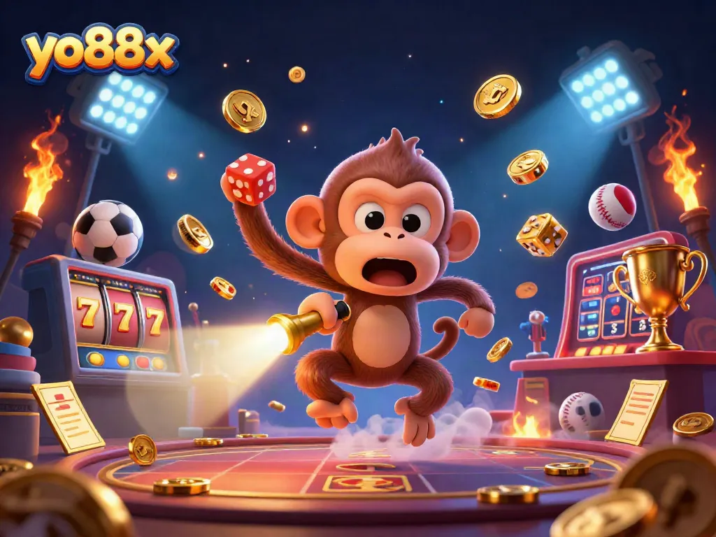 Engage with yo88x as a mischievous poltergeist monkey juggles golden casino elements in a thrilling gaming scene.