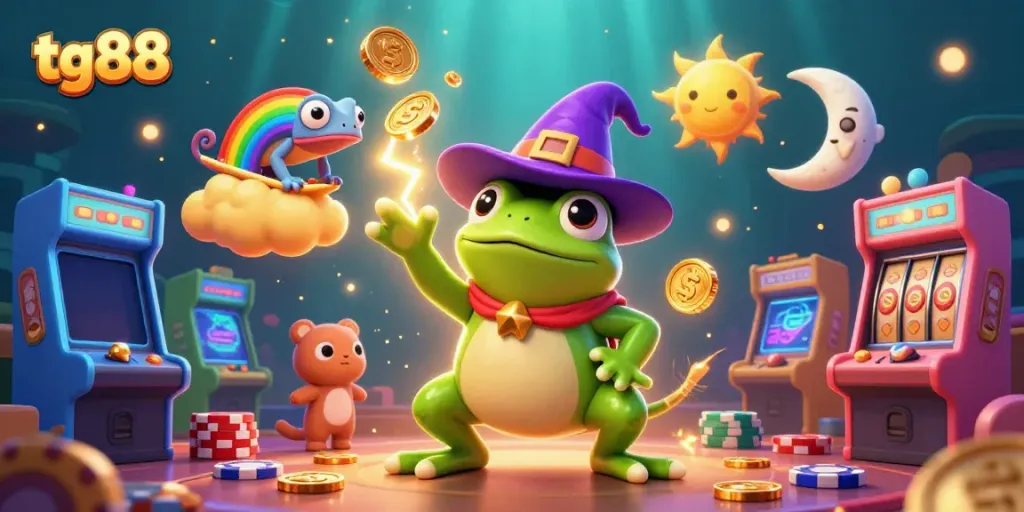 Engage in thrilling gameplay at tg88, depicted by a whimsical wizard frog surrounded by casino elements and shimmering coins.