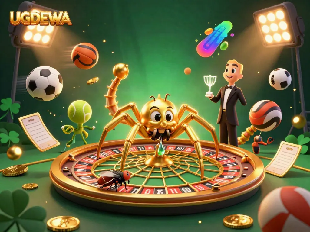 UGDEWA presents a vibrant 3D cartoon scene with a golden spider and centipede croupier spinning a roulette wheel made of a web.