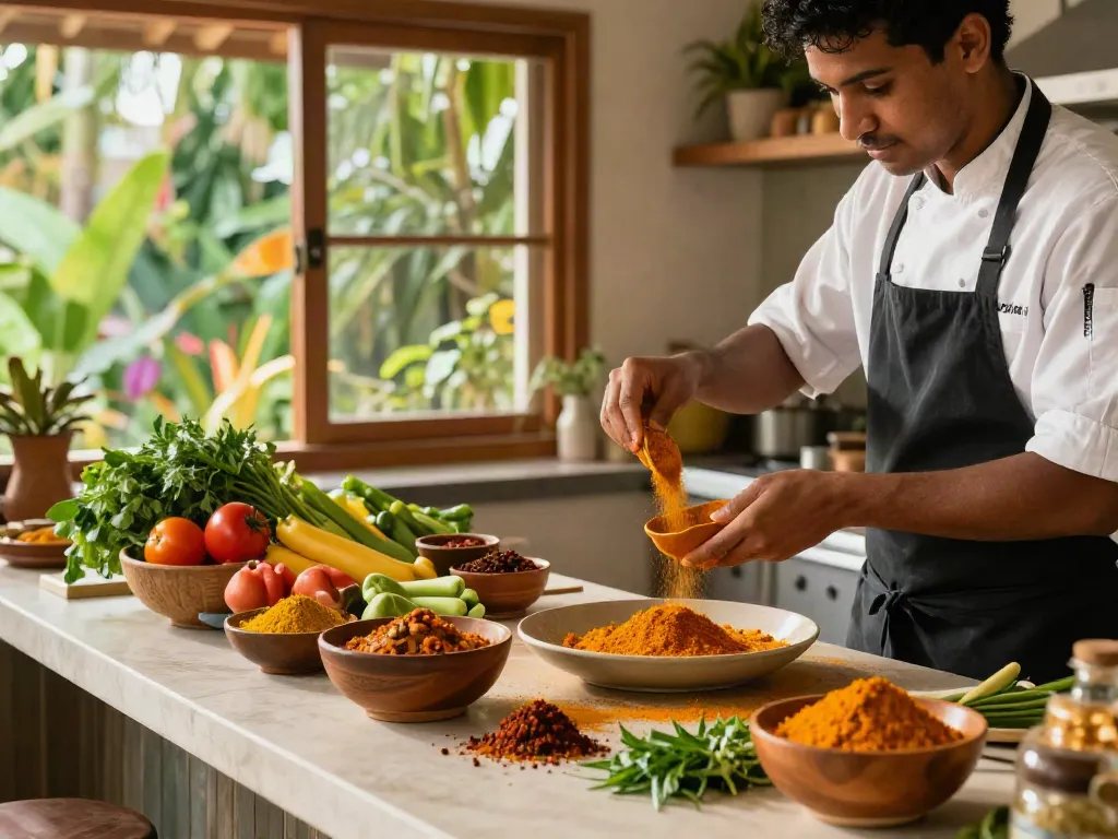 Memasak dengan annatto di dapur tropis yang cerah dan berwarna-warni.