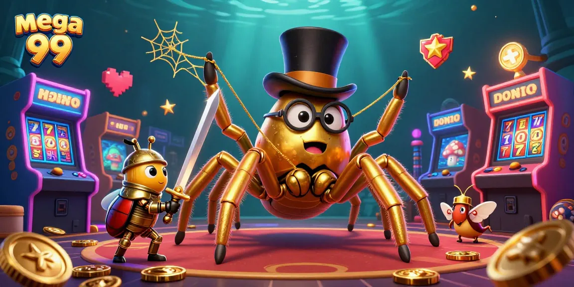 Experience big wins with mega 99, featuring a giant golden tarantula and game elements in an exciting casino scene.