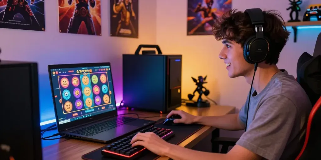 Player engaging with slot gacor games on a laptop in a cozy gaming setup