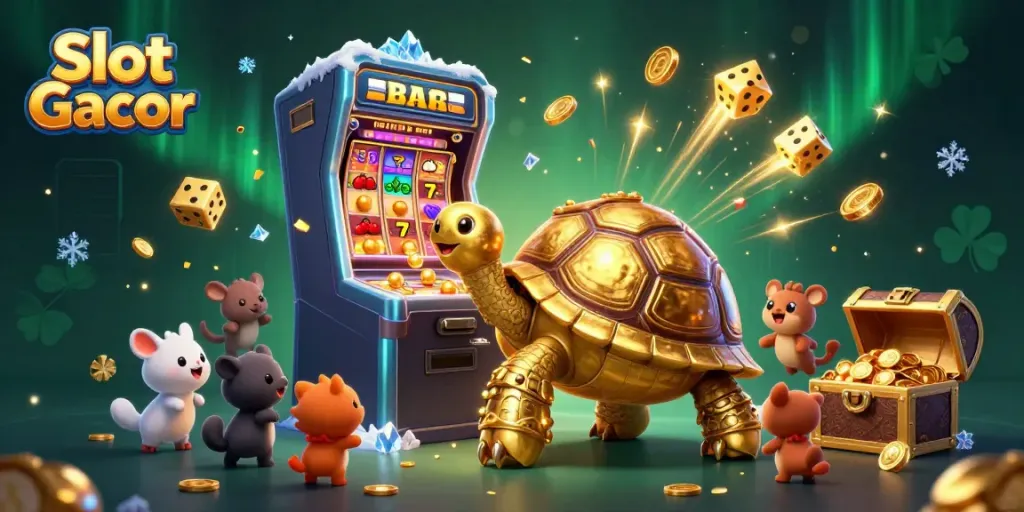 Experience Slot Gacor excitement with a vibrant 3D digital illustration featuring animated casino elements.