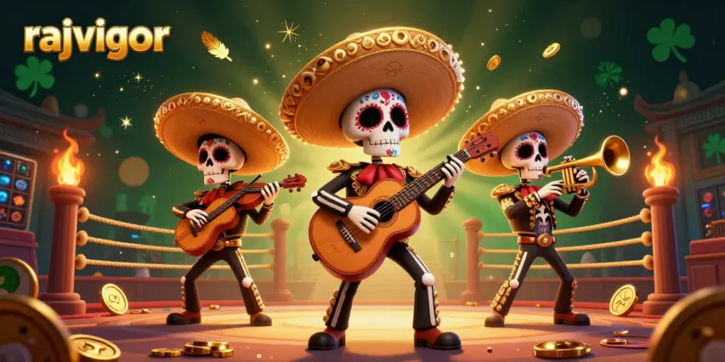 Witness the rajavigor experience with a vibrant mariachi band amidst a dynamic gaming scene.