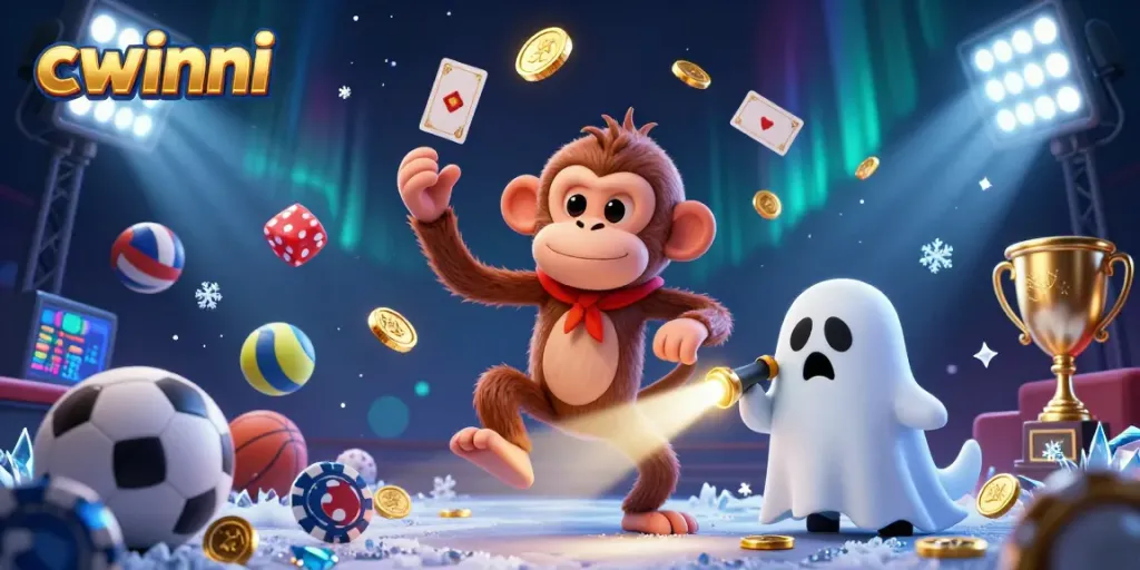 Cwinni showcases an energetic casino scene with a playful poltergeist monkey juggling while a curious puppy tracks it.