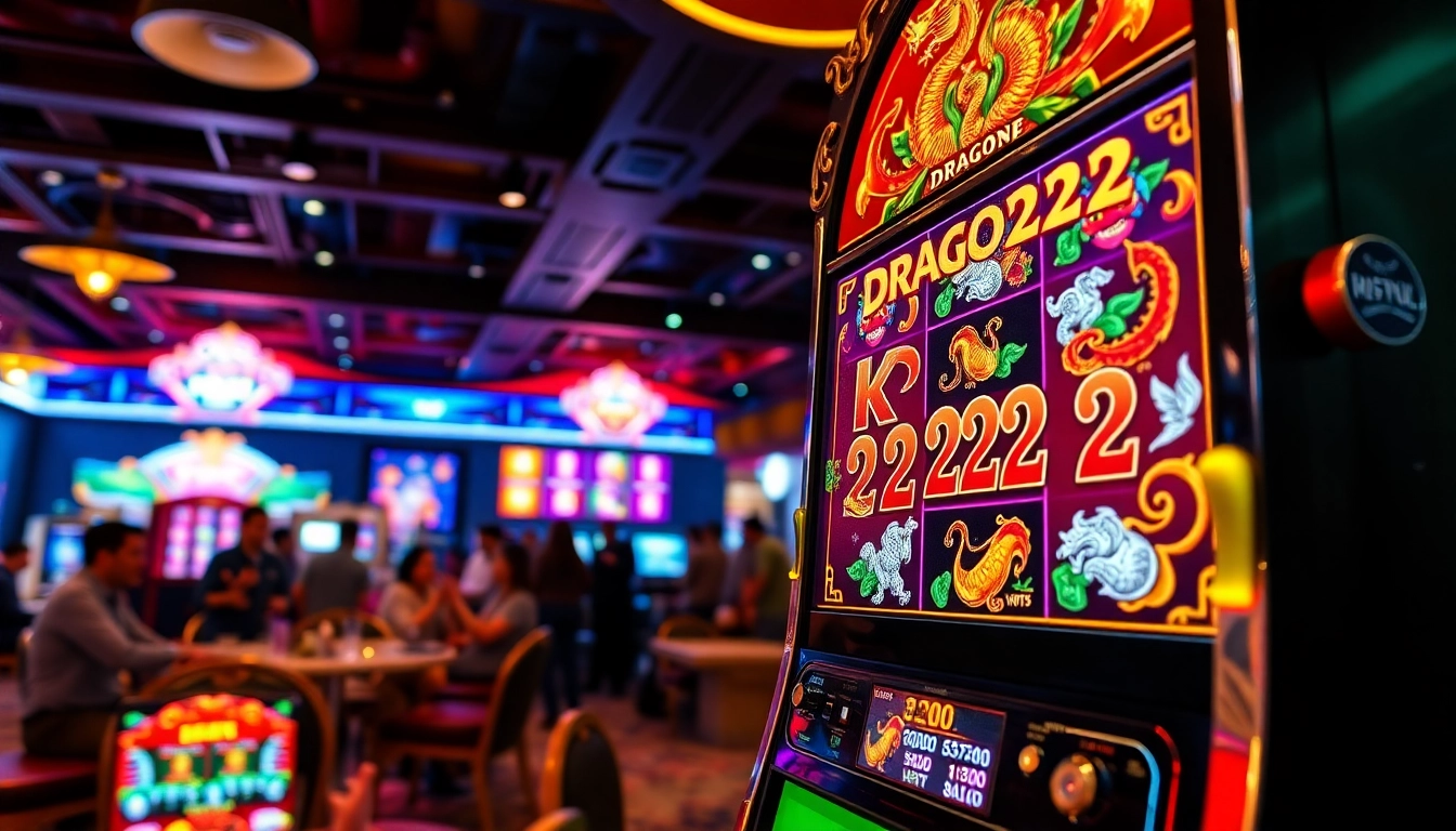 Putar link DRAGON222 dalam suasana kasino yang hidup dengan grafis slot warna-warni.