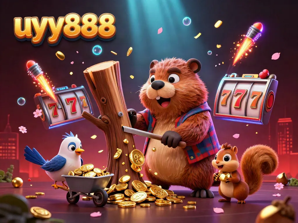 Chase jackpot wins at uyy888 with a whimsical scene of a beaver, bird, and squirrel collecting coins in a vibrant casino.