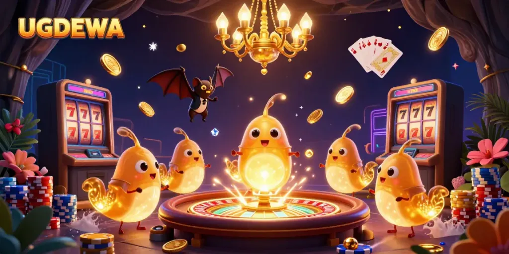 Engage with UGDEWA's dazzling cave casino, where glowing glowworms and a bat dealer create an enchanting gaming atmosphere.