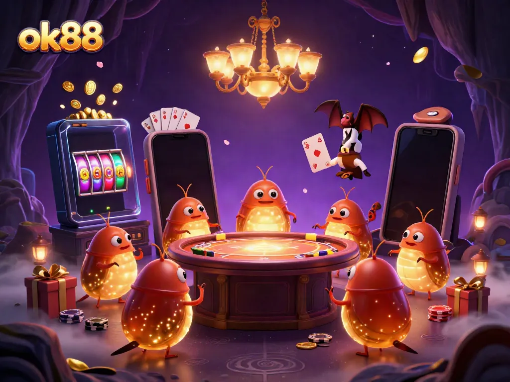 Experience thrilling action at OK88 with vibrant glowworms, spinning reels, and a quirky bat dealer!