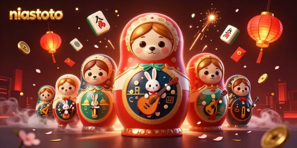 Experience niastoto's vibrant casino world with playful characters, gaming elements, and festive decorations.
