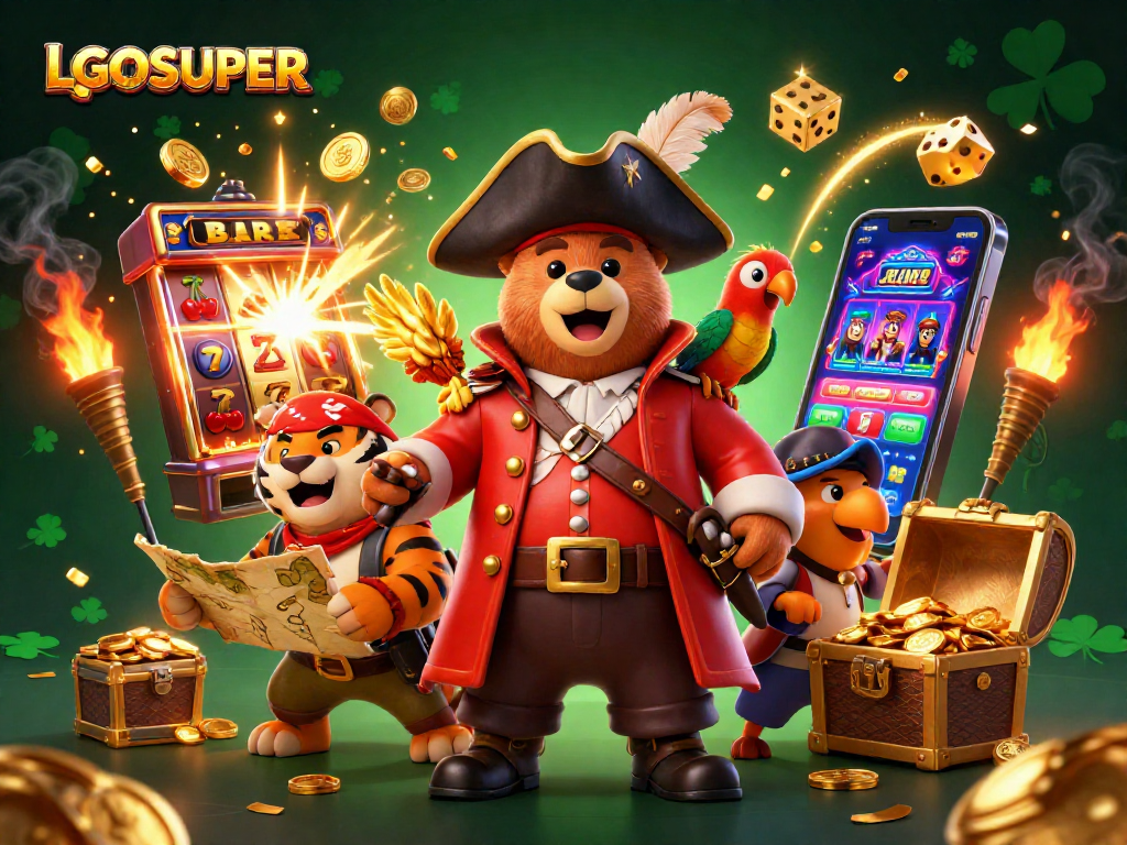 Experience the thrill of LGOSUPER with a pirate bear and tiger in a vibrant, action-packed casino scene.