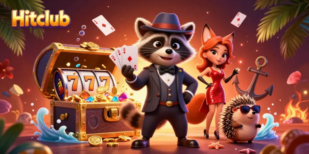 Hitclub showcases a cartoon raccoon with a royal flush amidst vibrant casino elements in an immersive gaming scene.