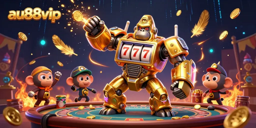 Experience the excitement of au88vip with a golden gorilla mech amidst dynamic casino elements.