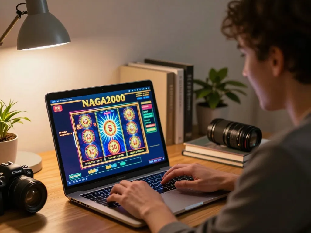 NAGA2000 player engaging with an online casino game, showcasing fun gaming atmosphere and strategic thinking.