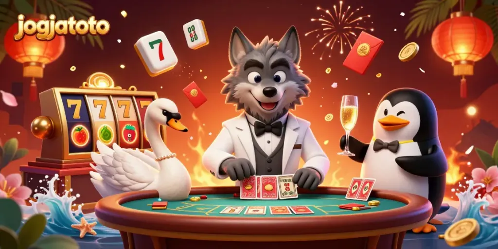 Experience thrilling gameplay on jogjatoto with an illustrated scene of a wolf, swan, and penguin at a vibrant baccarat table.