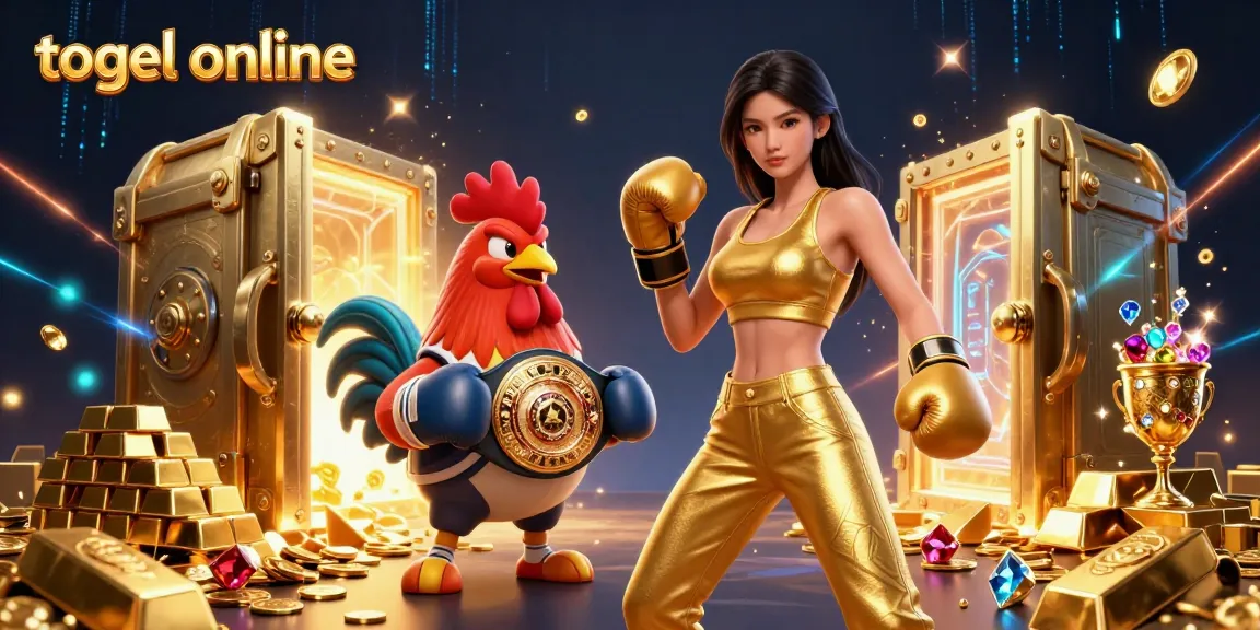 Engage in togel online with vibrant visuals of a powerful woman and a cartoon rooster in a dynamic gambling scene.