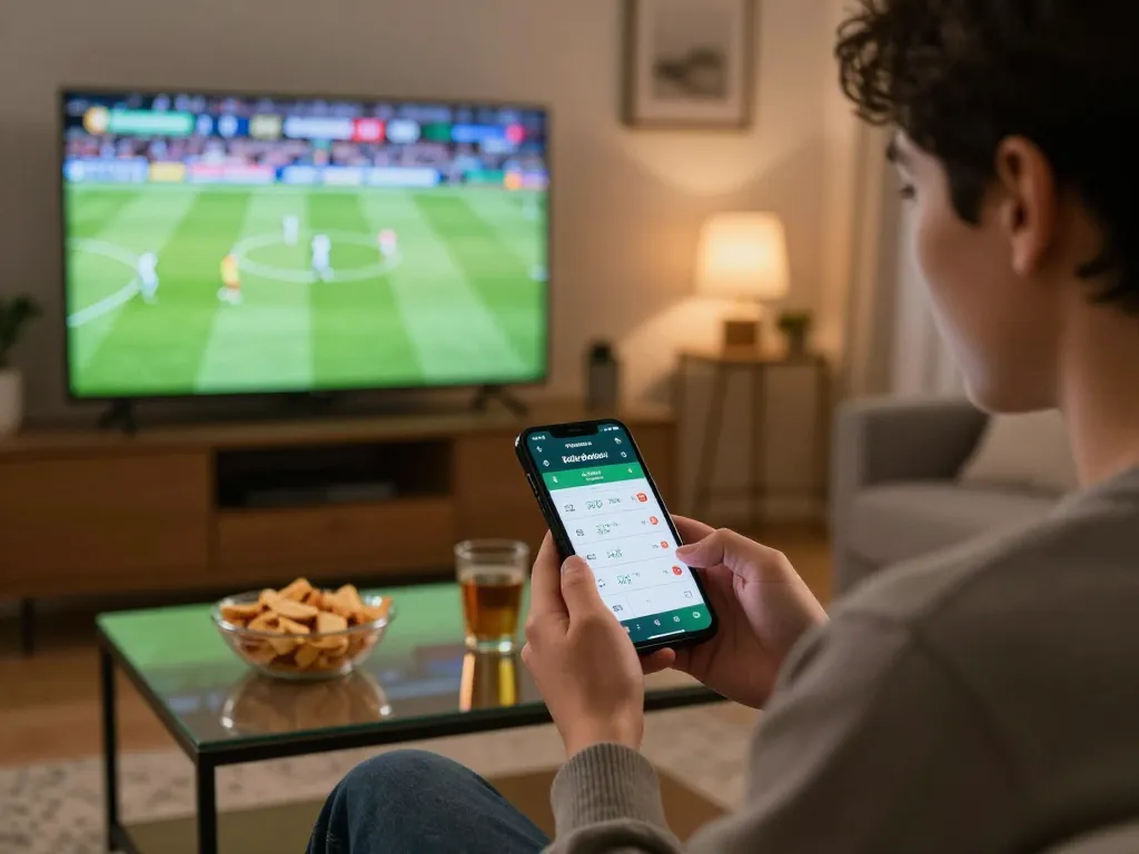 Kết quả bóng đá update shown on smartphone during live football match viewing with engaging atmosphere.