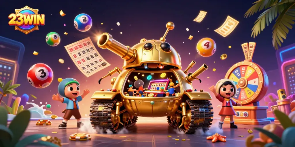 Experience 23WIN with energetic gameplay featuring winning lottery balls and casino excitement.