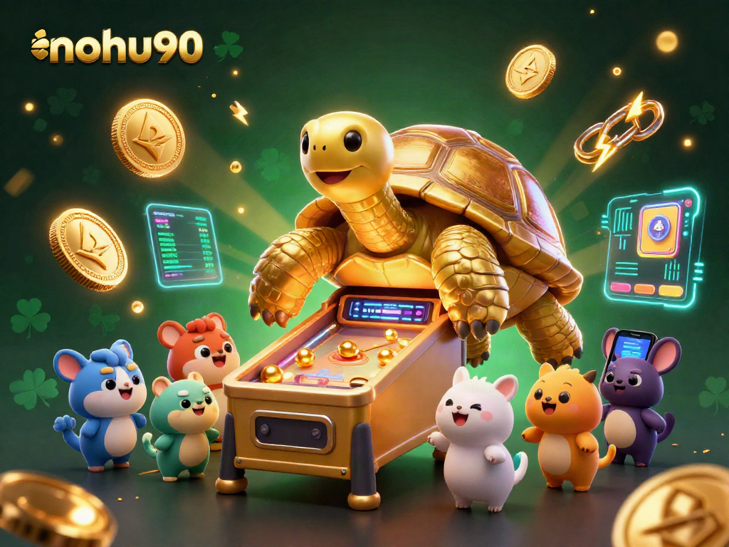 Nohu90 showcases an exciting casino scene with a 3D tortoise pinball machine, enticing players to win.
