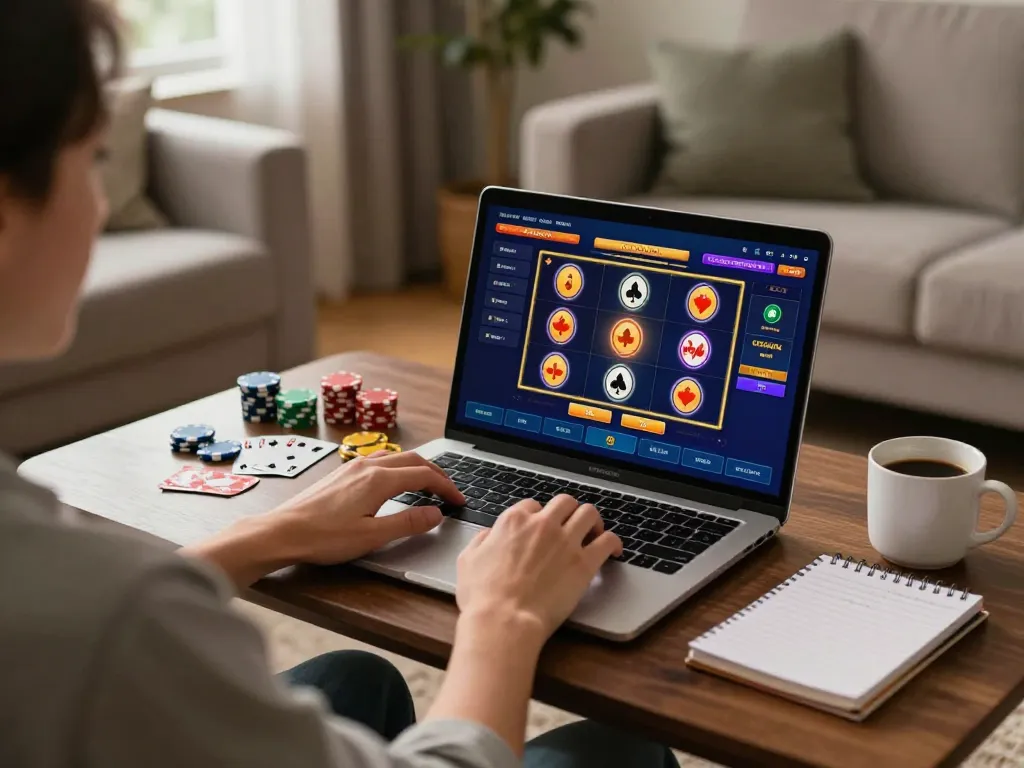 Moment perjudian online yang menarik di OKESLOT dengan seorang pemain yang merancang strategi slot di laptop.