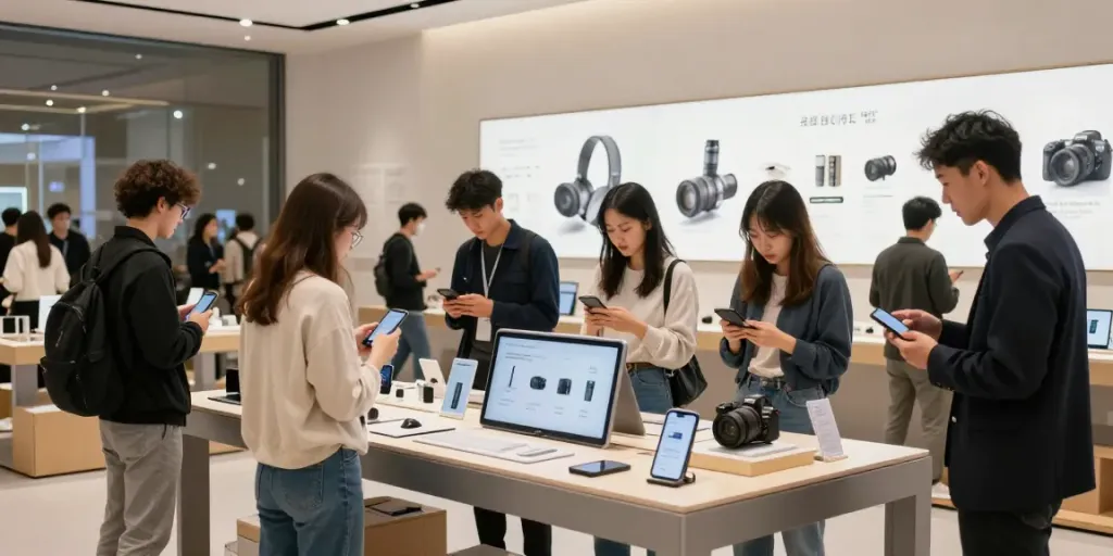 Interactive retail scene showcasing diverse consumers engaging with various produk.