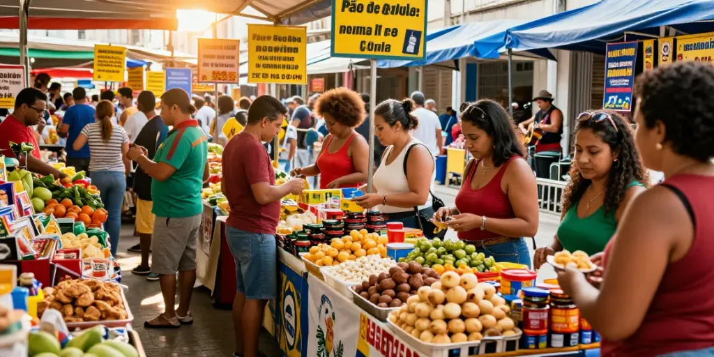 Berbagai produk Brasil di pasar urban yang ramai, menampilkan suasana hidup dan warna-warni. Produk termasuk panganan tradisional dan kerajinan lokal, menciptakan pengalaman belanja yang autentik.