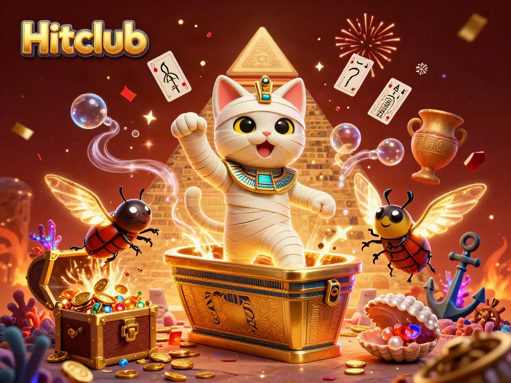 Engage with Hitclub through an exhilarating 3D illustration of a mummy cat in a pyramid casino, celebrating with confetti.