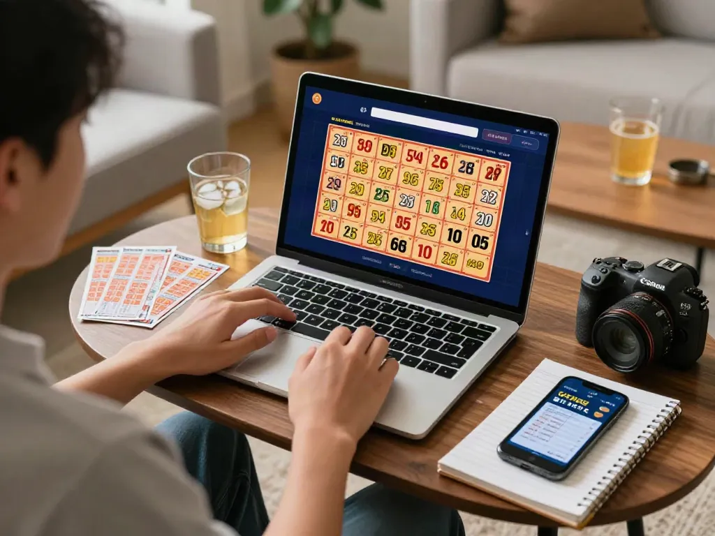 Seorang pengguna bandar togel memprediksi hasil di laptop dengan tiket togel dan catatan di meja.