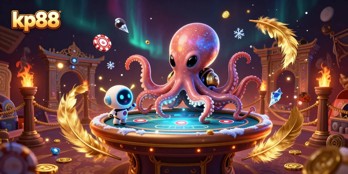 Engage with kp88's dynamic alien casino scene featuring an octopus and robot.