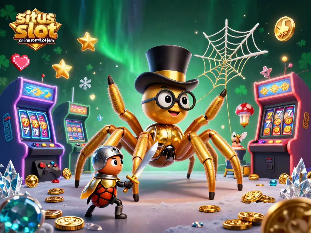 Immerse in the magic of situs slot online resmi 24 jam with a golden tarantula and gaming elements.