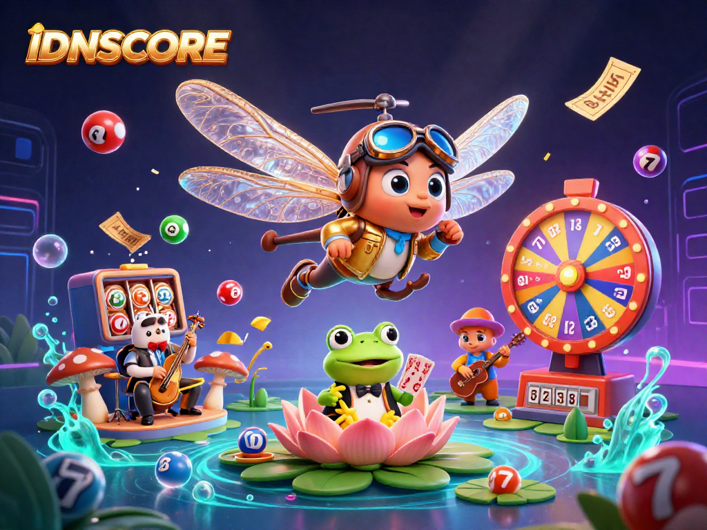 IDNSCORE engages players with a vibrant casino scene featuring a dragonfly pilot, frog croupier, and captivating game elements.