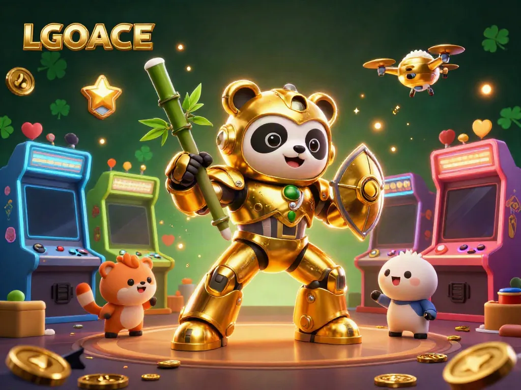 Engage with LGOACE's exciting gaming arena featuring a golden panda in a mech-suit.