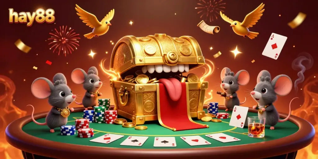 Experience the excitement of hay88 with a vibrant casino scene featuring a treasure chest and poker elements.