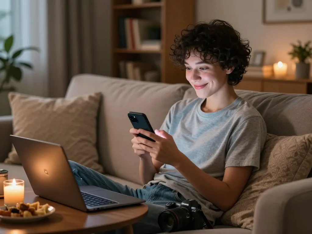 Person enjoying AI sexting in a cozy living room with a smartphone, warm ambiance.