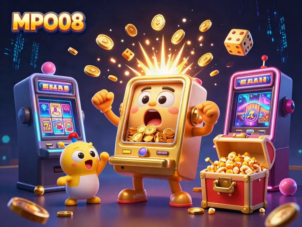 MPO08 slot machine celebrating a jackpot with coins and baby machines cheering, dynamic casino scene.