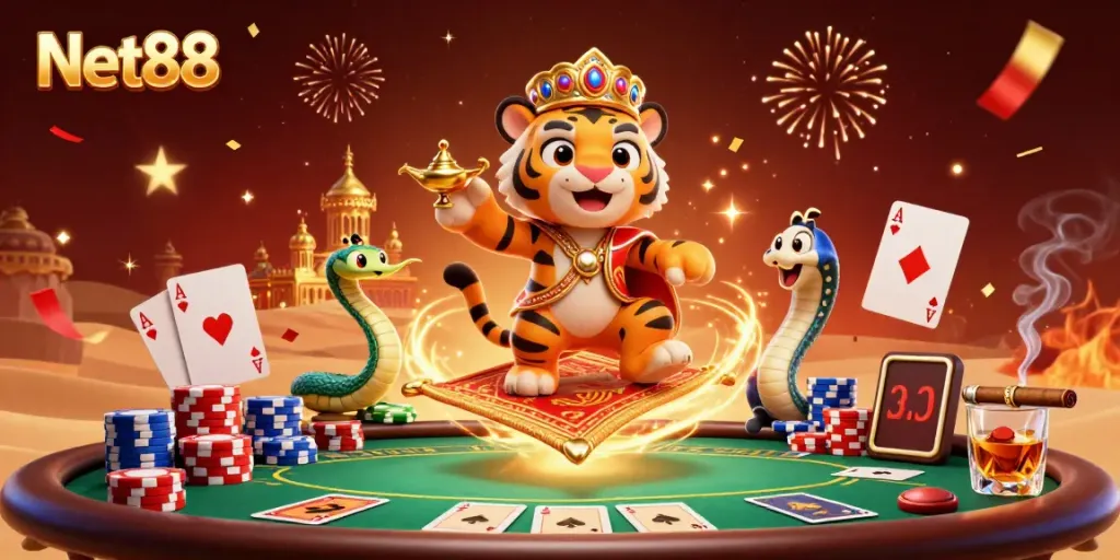 Experience vibrant Net88 casino magic with a cartoon sultan and genie in a dazzling game scene.