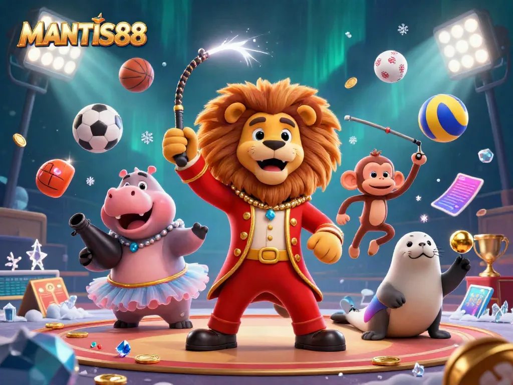 MANTIS88 showcases a vibrant casino-inspired digital illustration featuring a lion ringmaster, hippo, monkey, and seal amidst lively sports betting elements.