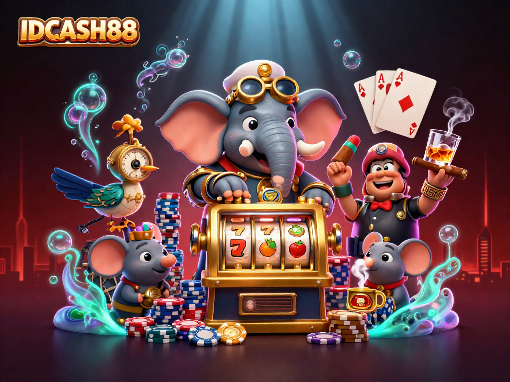 Play exciting games at IDCASH88 with a steampunk elephant operating a vibrant slot machine.