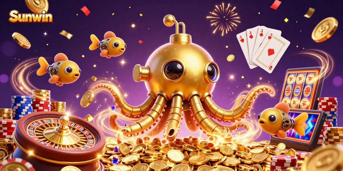 Sunwin showcases thrilling casino excitement with a golden kraken submarine and dazzling game elements.