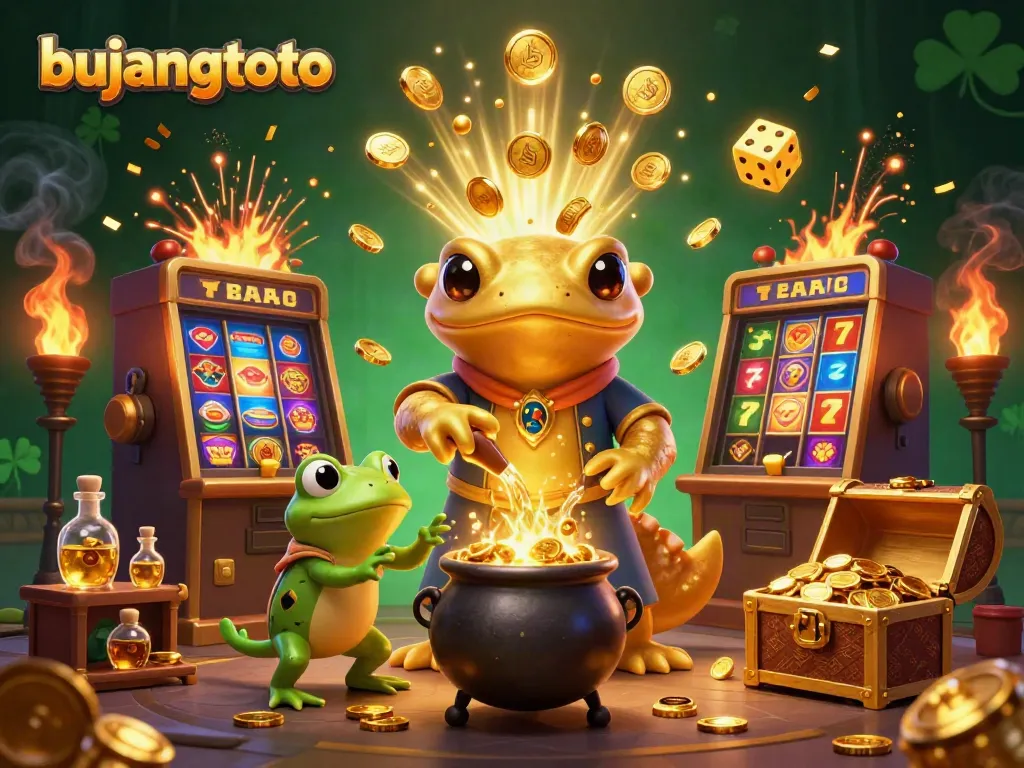 Bujangtoto gaming scene illustrating a golden salamander alchemist and frog apprentice in a vibrant, magical casino setting.