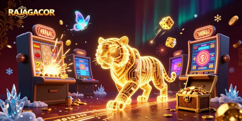 Gali jackpot slot gacor dengan RAJAGACOR, simbol keberuntungan muncul di kasino digital.