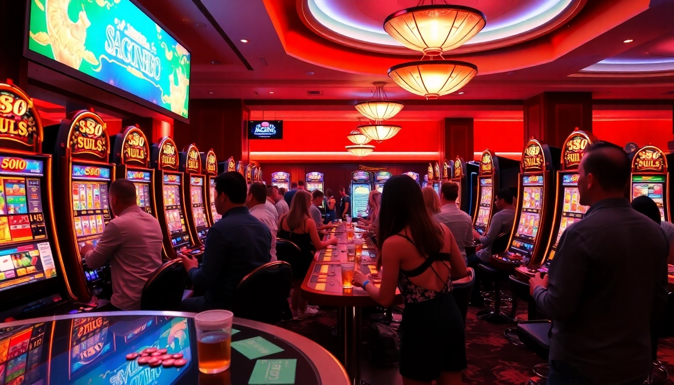 Players enjoying thrilling slot games at jagoan86 casino, illuminated by vibrant lights.