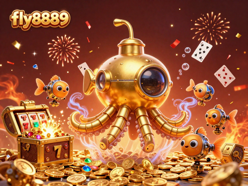 Experience the excitement of fly8889 with a golden kraken submarine amidst vibrant casino elements.