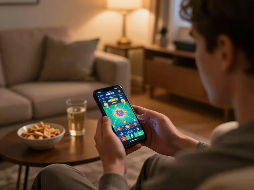 Player using the trang chủ 78win app on smartphone in a cozy home gaming setup.