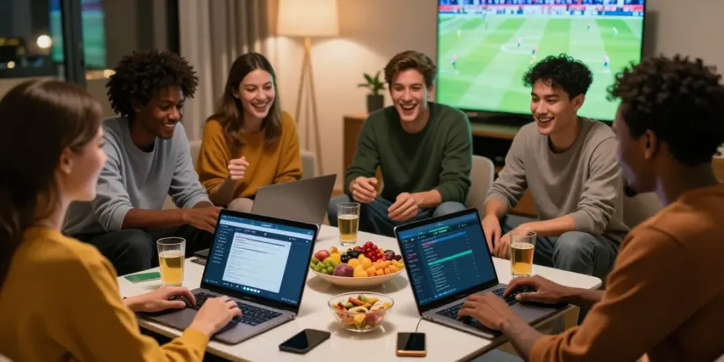 Kantorbola friends engaging in online sports betting during a game night.